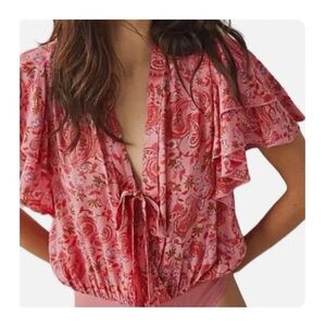 NWOT Free People Call Me Later Printed Bodysuit in Red Paisley  Size XS